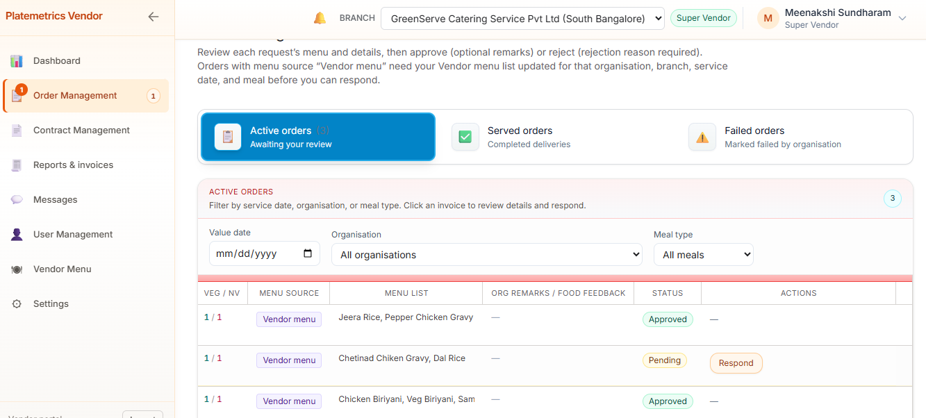Vendor portal showing active orders, menu approvals, and order management